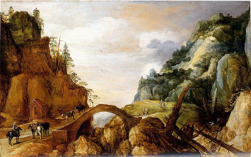  mountainous landscape with horsemen and travellers crossing a bridge.
